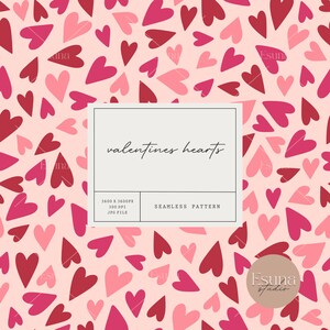 May include: A seamless pattern featuring pink and red hearts on a light pink background. The text "valentines hearts" is in the center of the image.