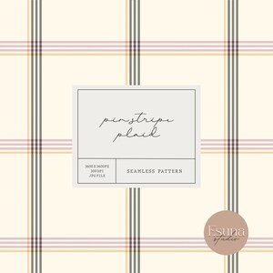 May include: A seamless pattern featuring a pinstripe plaid design in shades of beige, black, and pink. The pattern is 3600 pixels by 3600 pixels and is a JPG file.