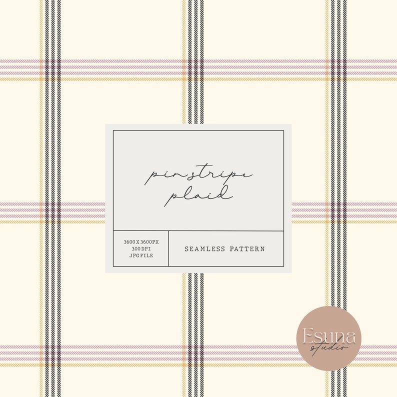 May include: A seamless pattern featuring a pinstripe plaid design in shades of beige, black, and pink. The pattern is 3600 pixels by 3600 pixels and is a JPG file.