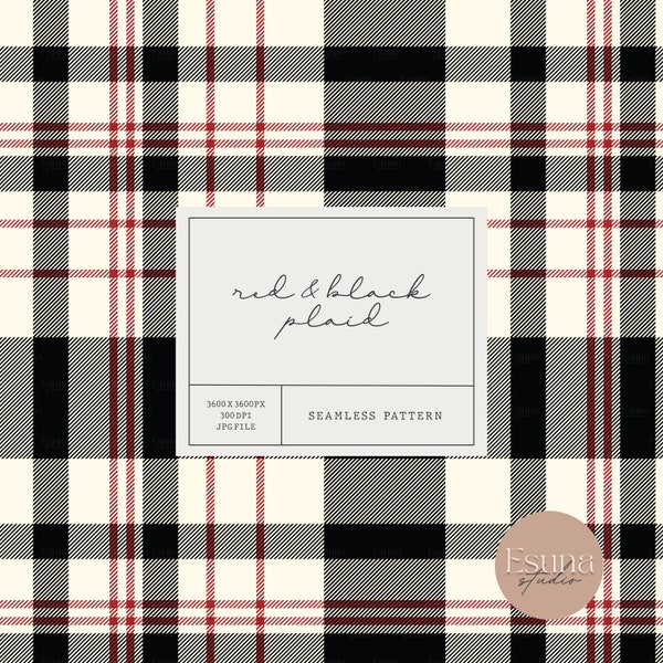 Red and Black Plaid Seamless Pattern, Cream Tartan Repeat Pattern, Plaid Digital Craft Paper, Preppy Scrapbooking paper, Commercial Use