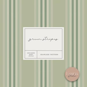 May include: Seamless pattern digital paper with green and white stripes. The pattern is labeled "green stripes" and is a JPG file, 3600 x 3600 pixels, 300 DPI. The image also includes the text "Esuna Studio".