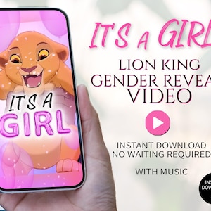 Adorable Lion King Gender Reveal Video for Girl | It&#39;s a Girl Pink Digital Announcement | Baby Shower Surprise | Instant Download with Music