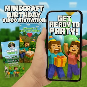 Minecraft-Geburtstagsparty-Einladung für Kinder, personalisierte digitale Einladung mit Party-Details, lustige animierte virtuelle Karte für Jungen und Mädchen