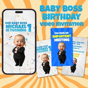 Invito video personalizzato per il compleanno di un bambino con tema "Baby Boss", invito animato personalizzato per la festa del primo compleanno, invito digitale con tema "Baby Boss" divertente.