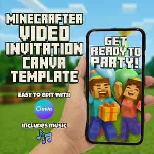Minecraft animierte Einladung Geburtstag, Digital Video Party einladen für Kinder, bearbeitbare Canva Vorlage, Musik Geburtstag Ecard, Minecraft Thema