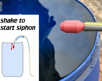 May include: A diagram showing how to use a siphon to transfer liquid from one container to another. The diagram shows a hose with a red bulb at the end being inserted into a container of water. The text "shake to start siphon" is written above the diagram.