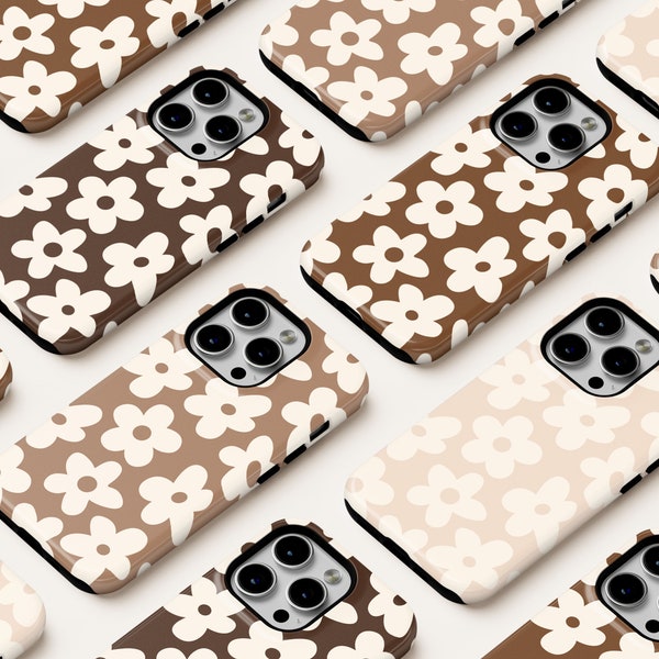 Magsafe Neutral Brown and Cream Floral iPhone Case, Flowers Daisy, beige, tan, white, trendy, iphone 11, 12, 13, 14, 15 pro max mini plus