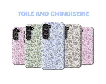 Toile Samsung Galaxy Phone Case, Cottagecore Chinoisorie Vintage cover, Blue Pink Green Brown