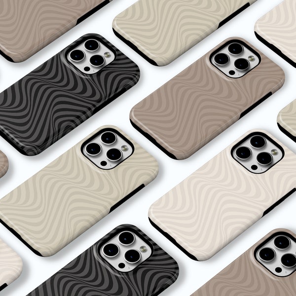 Magsafe Neutral Beige and Black Wavy Swirl iPhone Case, iPhone 15 Pro Max Case, iPhone 14 Plus Case, iPhone 13 Pro, iPhone 12, iPhone 11