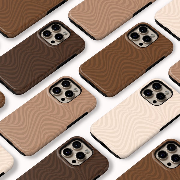 Magsafe Neutral Brown and Cream Swirled iPhone Case, wavy lines, trippy, designer classy chic, iphone 11, 12, 13, 14, 15 pro max mini plus
