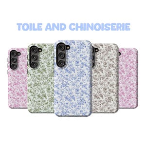 Toile Samsung Galaxy Case, chinoisorie, vintage cottagecore phone cover, S10e S21 S22 S23 S24 S25 FE Plus Ultra, tan brown blue green pink