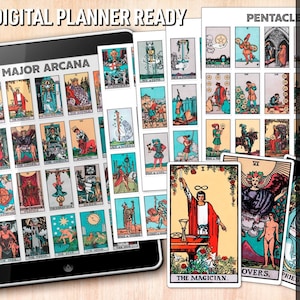 May include: A digital planner featuring a set of tarot cards with pastel colors. The cards are arranged in a grid with the Major Arcana cards on the left and the Pentacles cards on the right. The text "RETRO PASTELS" is in the upper right corner of the image. The text "DIGITAL PLANNER READY" is at the top of the image. The text "MAJOR ARCANA" is at the top of the grid of cards on the left. The text "PENTACLES" is at the top of the grid of cards on the right. The text "PDF" is in the upper left corner of the image.