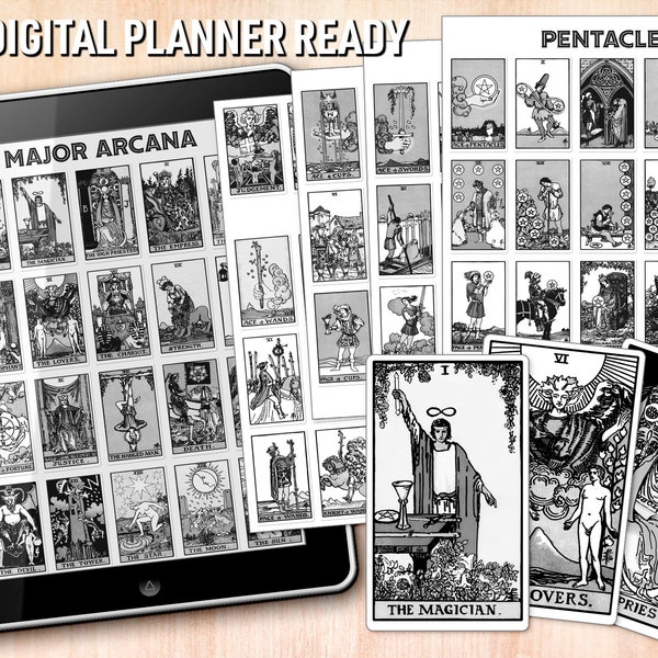 Rider Waite Smith Tarot Digital Planner Stickers in Black & White | Journaling Stickers | Tarot Deck Stickers | Major Arcana Wands Pentacles