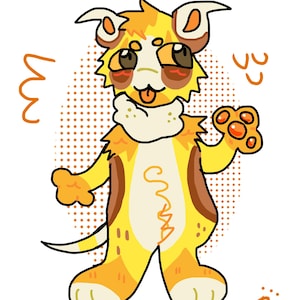 May include: A cartoon illustration of a yellow and brown canine-like creature with a white bib and a paw raised in a greeting. The creature has large brown eyes, a pink tongue, and a tail. Orange squiggles and dots are in the background.