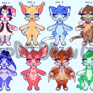 Könnte beinhalten: Eine digitale Illustration mit acht stilisierten anthropomorphen Charakteren in zwei Reihen. Die Figuren umfassen Hunde, Katzen, Hasen, eine Fledermaus und eine leere Vorlage, jede mit einer eigenen Farbpalette, Mustern und individuellen Merkmalen.
