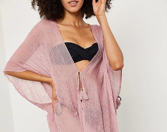 Chic Palma Giallo Pink Sheer Kimono Coverup – Lightweight Turkish Fabric, Quick Dry, Breathable, UV Protection (Gift Package Available)