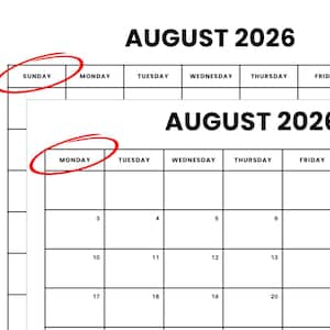 Op de afbeelding: Twee overlappende kalenderpagina's voor augustus 2026. De bovenste pagina begint op zondag, terwijl de onderste pagina op maandag begint. Beide pagina's hebben zwarte tekst op een witte achtergrond met rode cirkels rond de zondag- en maandagkoppen.