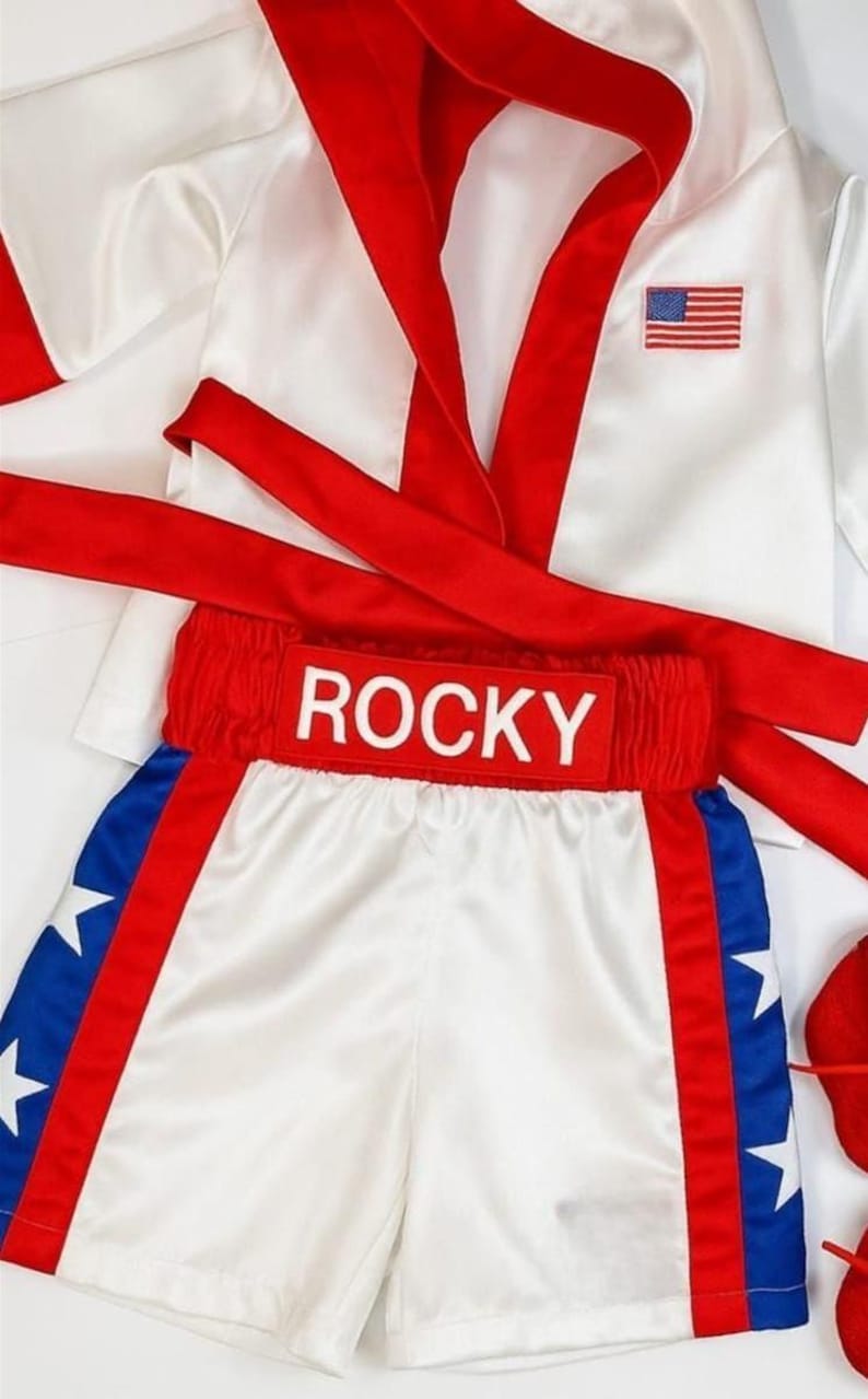 Personalized Boxing Set Robe, Shorts, Wearable Baby Gloves Red American Set