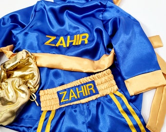 Kids personalized boxing set robe, shorts, baby gloves.