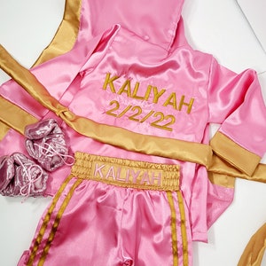 Kids personalized boxing set robe, shorts, baby gloves.