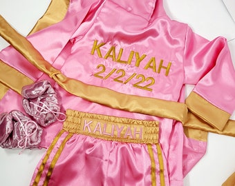 Kids personalized boxing set robe, shorts, baby gloves.