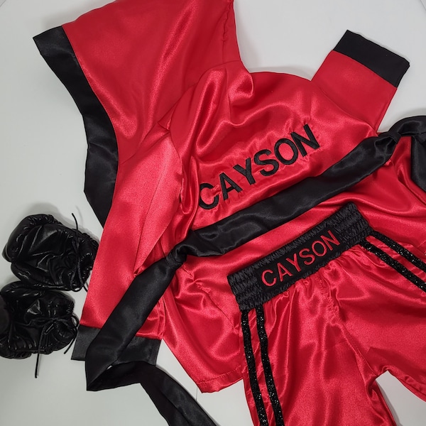 Kids personalized boxing set robe, shorts, baby gloves.