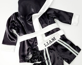 Kids personalized boxing set robe, shorts, baby gloves.