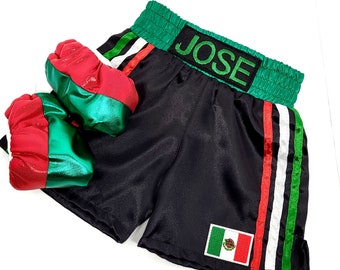 Kids personalized boxing shorts, baby gloves.