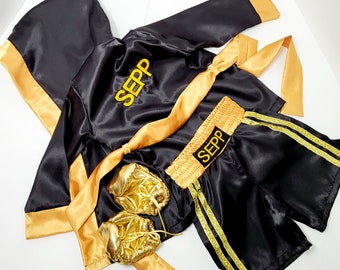 Kids personalized boxing set robe, shorts, baby gloves.