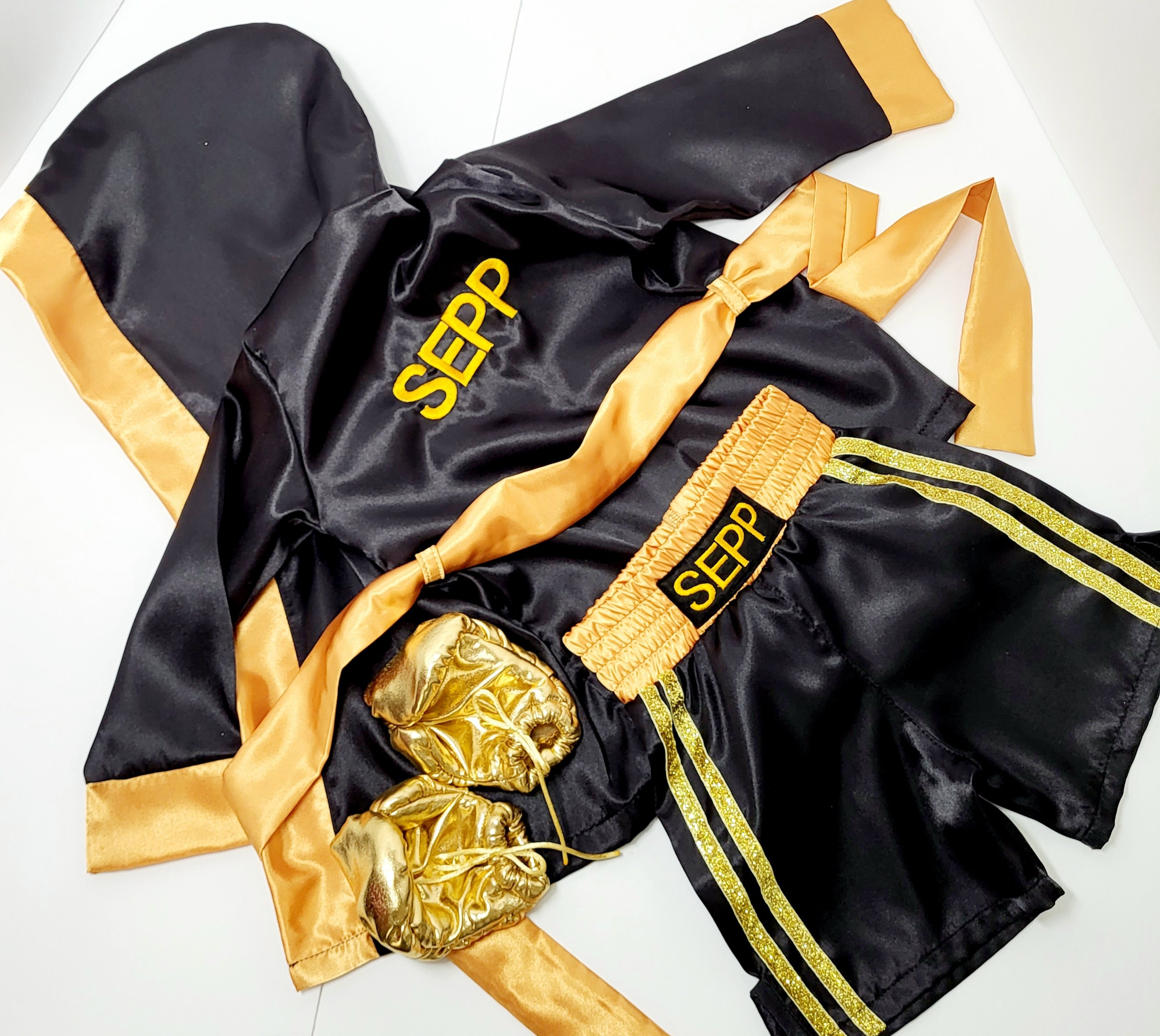 Personalized Boxing Set Robe, Shorts, Wearable Baby Gloves