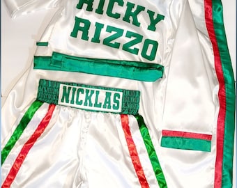 Conjunto de boxeo personalizado para bebés y niños: bata, shorts y guantes para bebé, estilo mexicano (blanco o negro) o estadounidense. Celebración del 4 de julio.