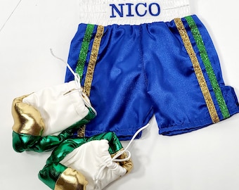 Kids personalized boxing shorts, baby gloves.