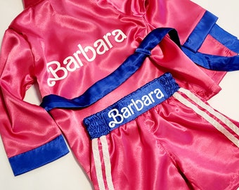 Personalized boxing set robe, shorts, baby gloves.