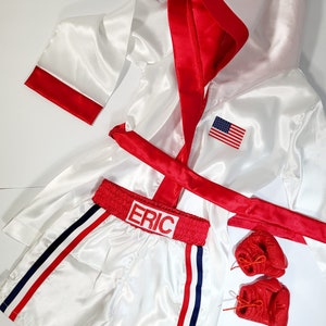 Kids personalized boxing set robe, shorts, baby gloves.