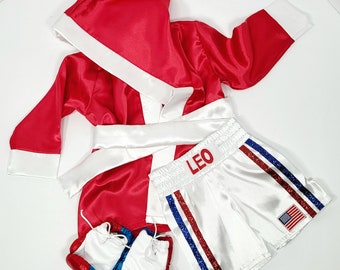 Kids personalized boxing set robe, shorts, baby gloves.