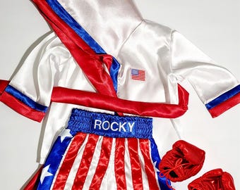 Kids personalized boxing set USA stripes robe, shorts, baby gloves.