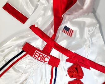 4th July Celebration Personalized Boxing Set Robe, Shorts, Wearable Baby Gloves