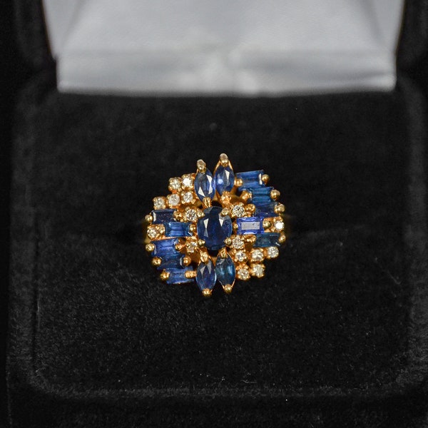 Rachel Koen Blue Sapphire & Diamond Cocktail Ring 14k Yellow Gold