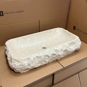 Rustic Marble Vessel Sink, Custom Rectangular Chiseled Stone Bathroom Basin