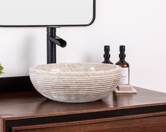 Natural Stone Vessel Bathroom Sink, Shell Ojinaga Marble, Vanity Sink