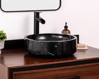Natural Stone Vessel Bathroom Sink, Avalon Black Marble, Vanity Sink