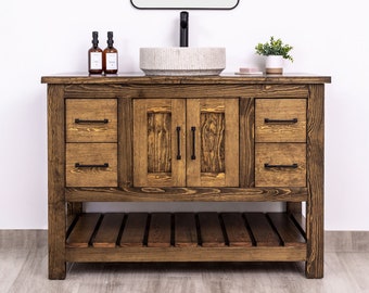 Single Sink Bathroom Vanity with Solid Wood Countertop, Custom Farmhouse Vanity in Solid Pine Wood, Handmade