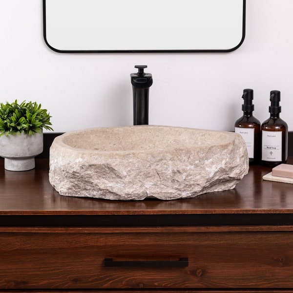 Natural Stone Vessel Bathroom Sink, Chiseled Ojinaga Marble, Vanity Sink