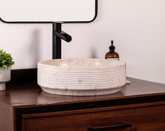 Natural Stone Vessel Bathroom Sink, Carson Ojinaga Marble, Round Vanity Sink