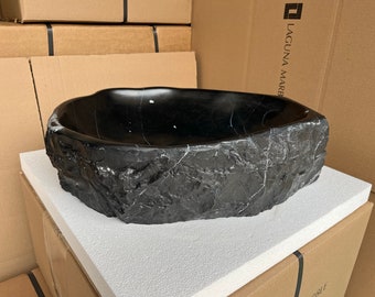 Natural Stone Vessel Bathroom Sink, Chiseled Black Marble Sink, Nero Marquina