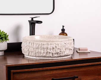 Hand-Carved Ojinaga Marble Vessel Sink, Rustic Bathroom Vanity Basin
