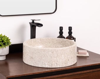 Hand Carved Ojinaga Marble Vessel Sink, Round Stone Bathroom Basin