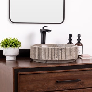 Natural Stone Vessel Bathroom Sink, Burj Goleta Marble, Fluted Vanity Basin