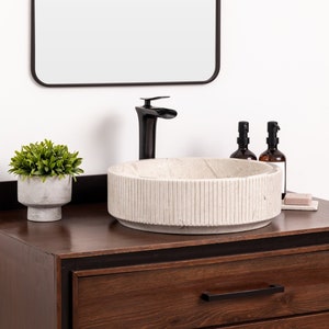 Natural Stone Vessel Bathroom Sink, Burj Ojinaga Marble, Fluted Vanity Basin