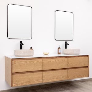 Double Sink Floating Bathroom Vanity in Oak Wood, Wall Mounted, Wall Hung Floating Vanity, Custom Made, Quartz Countertop Not Included